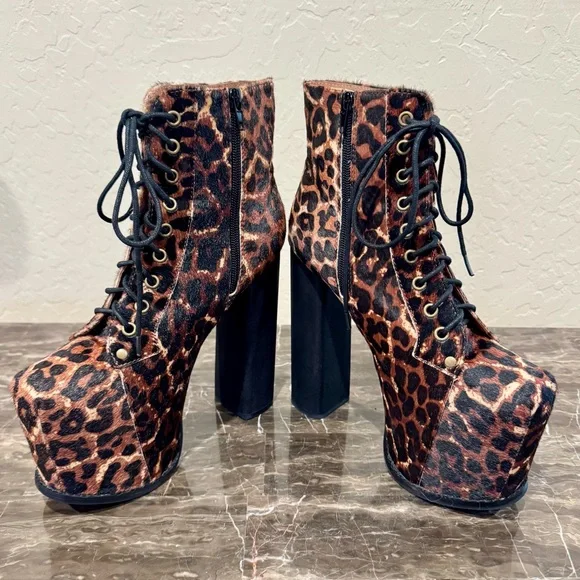 Jeffrey Campbell Big Lita Calf Hair Leather Leopard Print Platform Booties